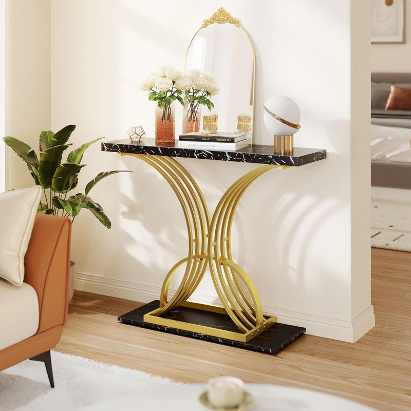 Mercer41 Gold Console Table Modern Sofa Table For Living Room Hallway 40 Inch Narrow Entryway Table Faux Marble Black Wayfair
